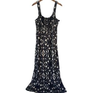 Halo Black & White Print Sleeveless Maxi Dress‎ w/ Beaded Necklace Size Large